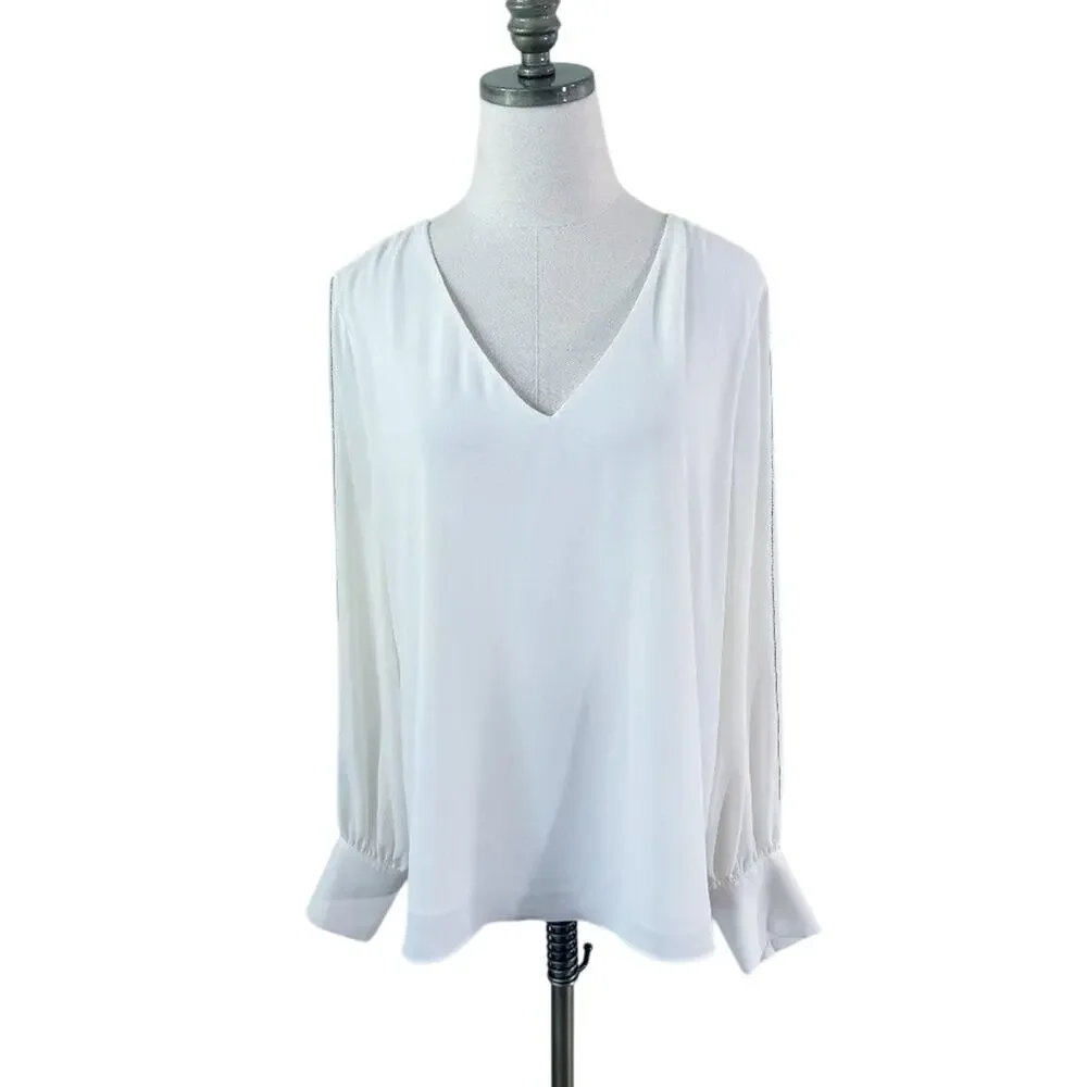 NWT WHBM Cream Long Sleeve Blouse Size Large V-Neck Button Detail 100% Polyester - Picture 2 of 10